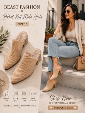 Beast Fashion Ribbed Knit Mule Heels Size 10 Beige Pointed Toe Block Heel